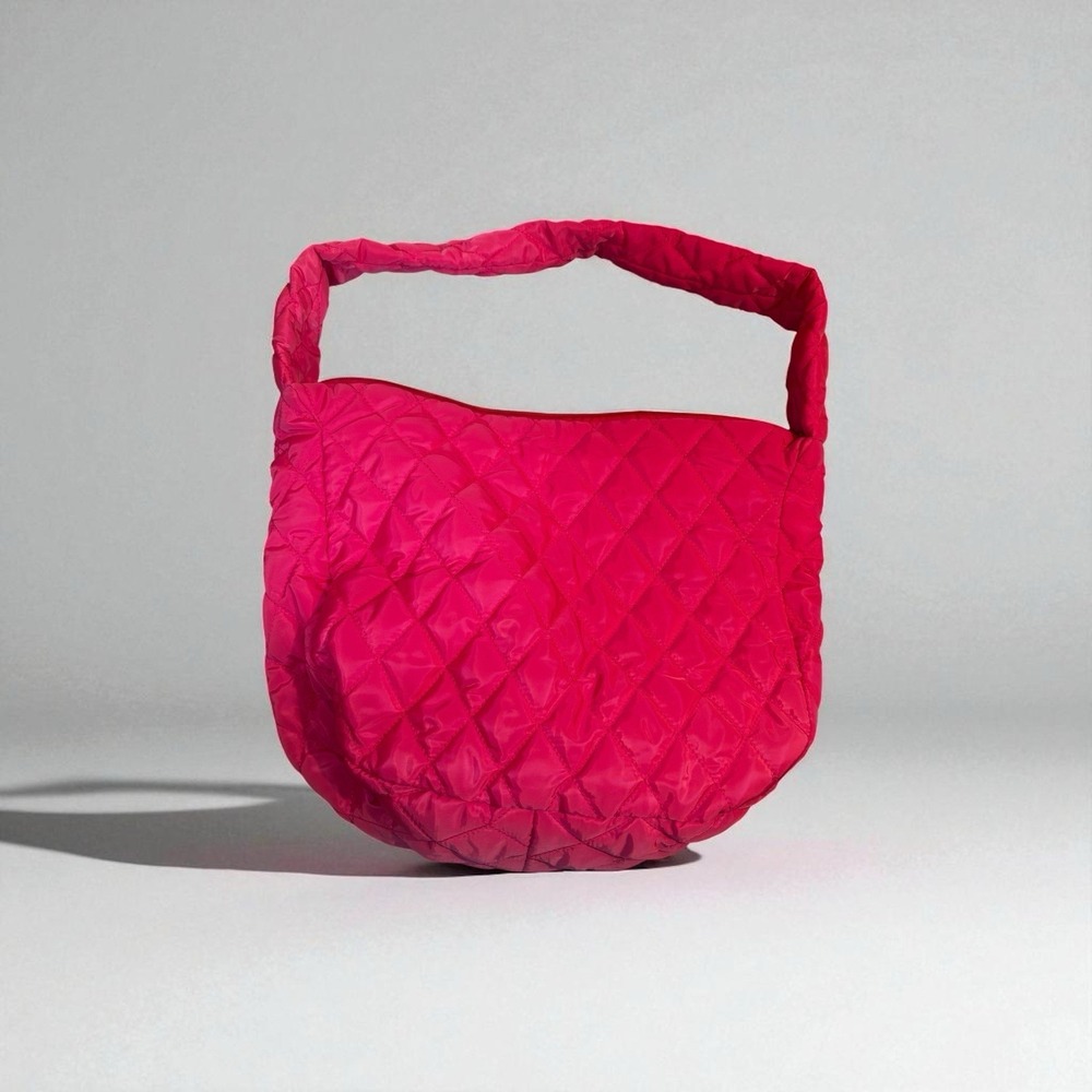 Neon Pink Nylon Puffer Quilted ‎ Purse Tote Handbag Slouch Bag, White Interior